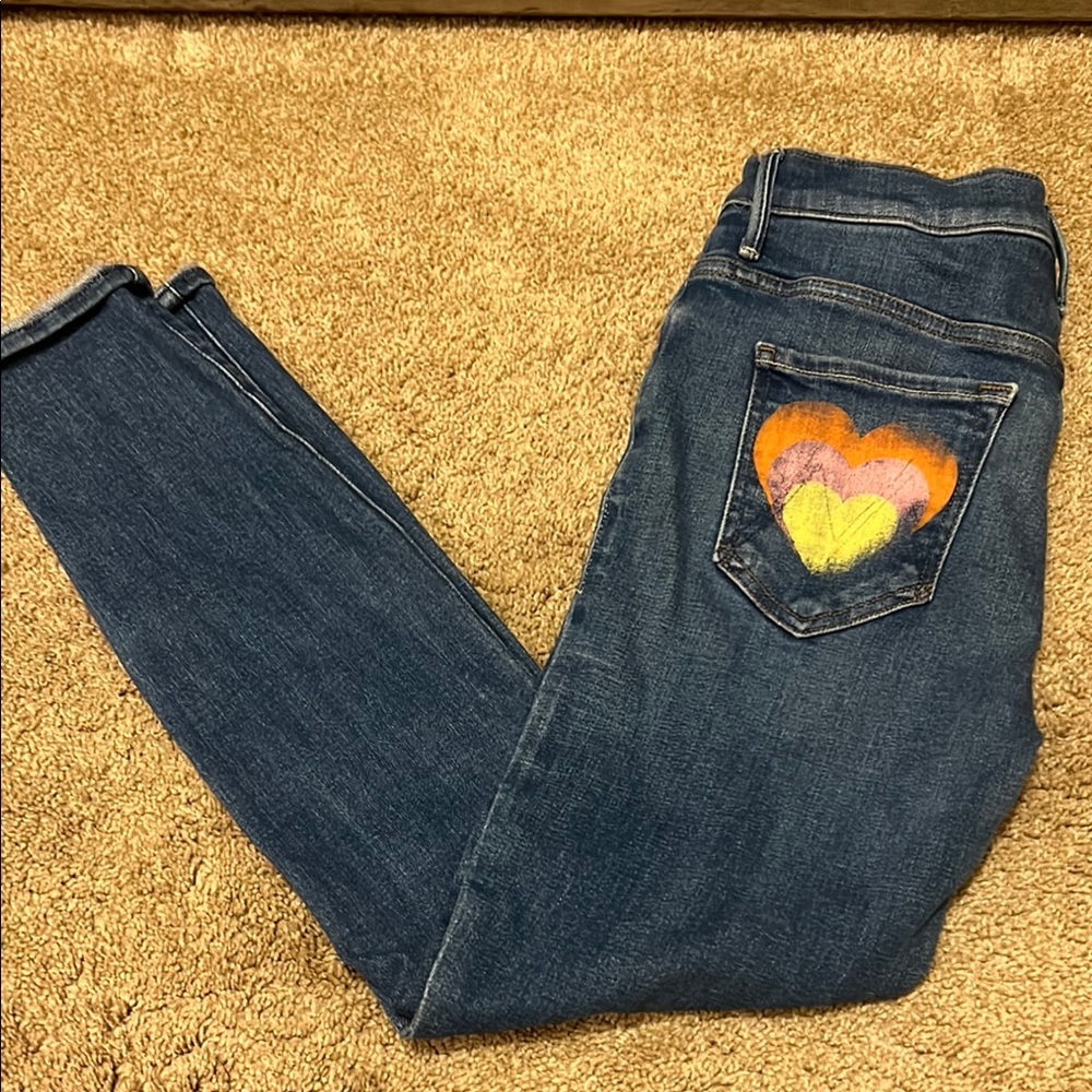 MOTHER Blue Skinny Jeans with Colorful Heart. Sz 27